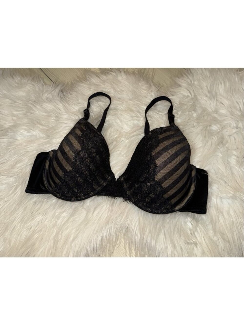 Maidenform 09415 One Fabulous Fit Demi Striped Butterfly Lace Bra UW 36D Black